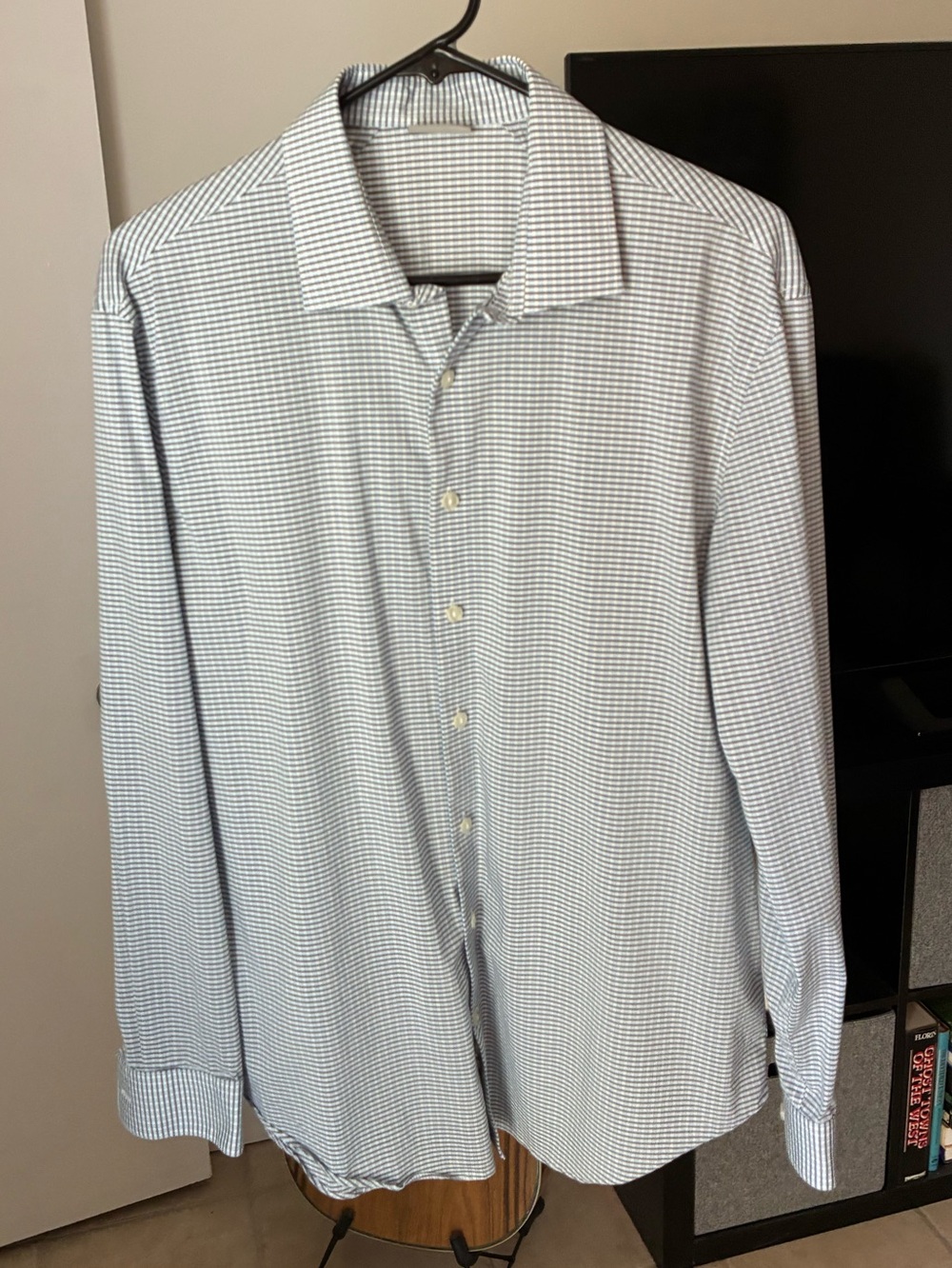 Kenneth Cole Reaction Dress Shirt Mens Large 16 16.5 32 33 Extra Slim Fit Plaid
